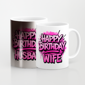 Two colour changing mugs printed Happy Birthday Husband and Happy Birthday Wife