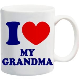 White mug printed “I ❤ MY GRANDMA” in navy with a red heart