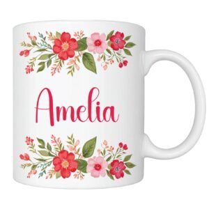 Personalised mug with pink flowers and an example name in script