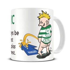 Wee On The Rival's Shirt mug – cartoon fan in a green and white hooped No. 9 shirt weeing on a blue rival shirt