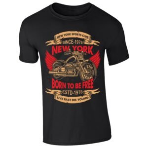 Royal blue men's T-shirt with a vintage-style classic biker motorcycle badge