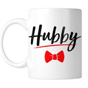 White mug with “Hubby” in black script with a red bow tie, handle on the left
