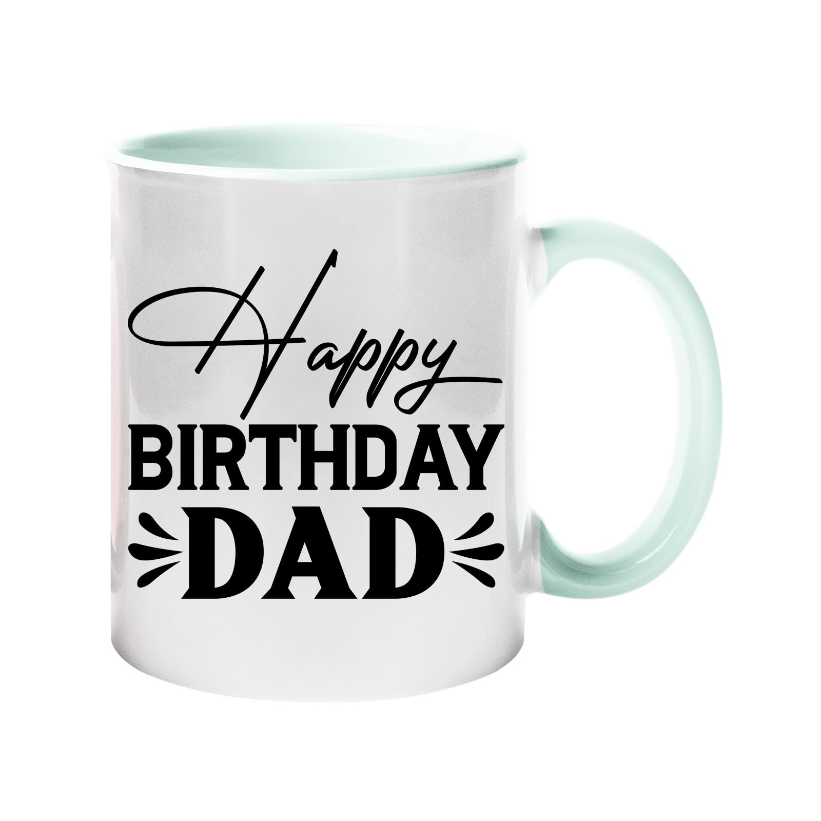 ca0fec8a f74288b0 bc19 4dca 8d2d 2524da02c3ba.jpg Colour handle mug with “Happy Birthday Dad” in black script and capitals – mint green handle and inside