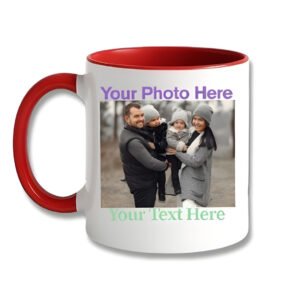 Colour handle mug with an example photo and text