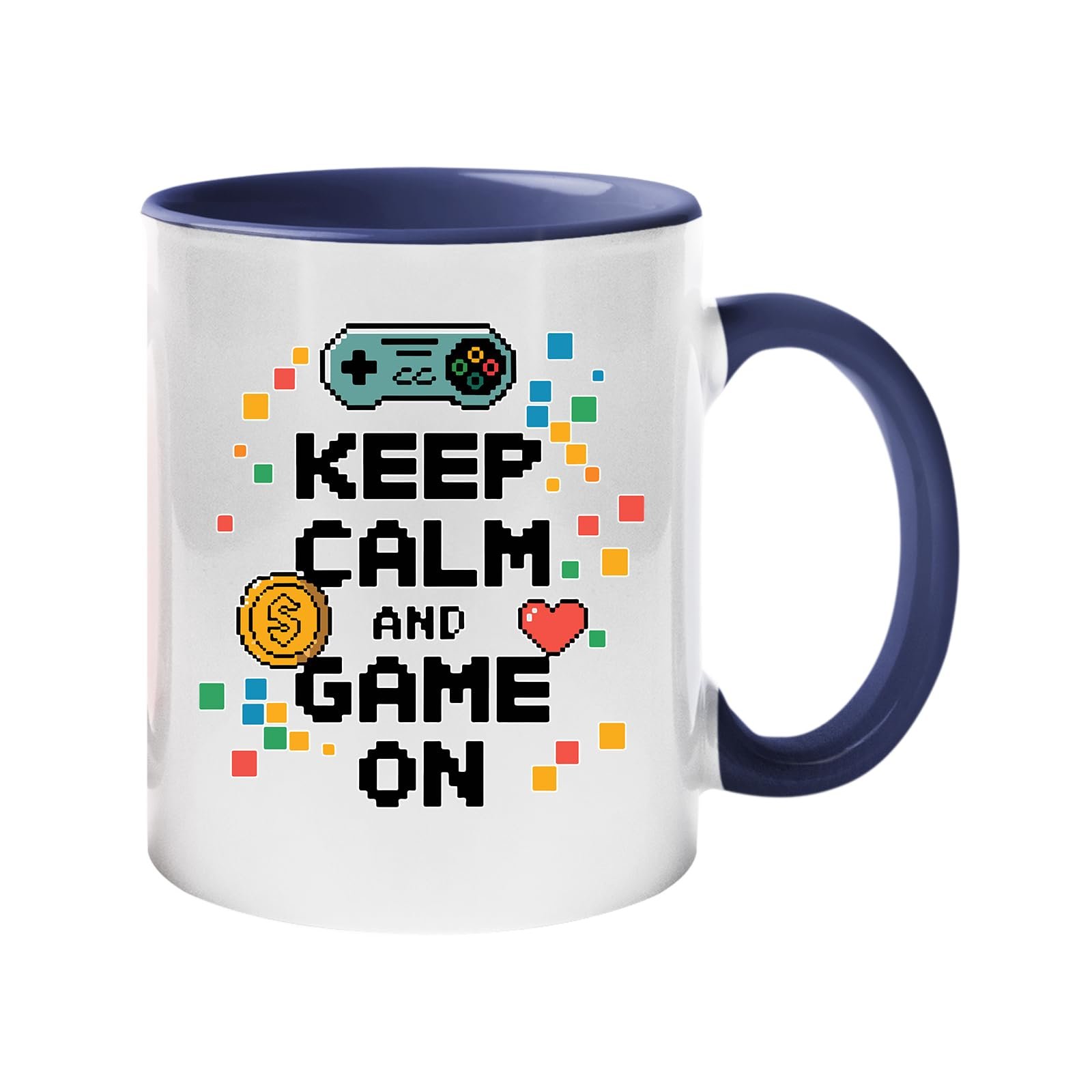 d48403d3 f43884d9 743f 4098 9f8a b6a61ff67f57.jpg Colour handle mug with “Keep Calm and Game On” with a game controller – dark blue handle and inside