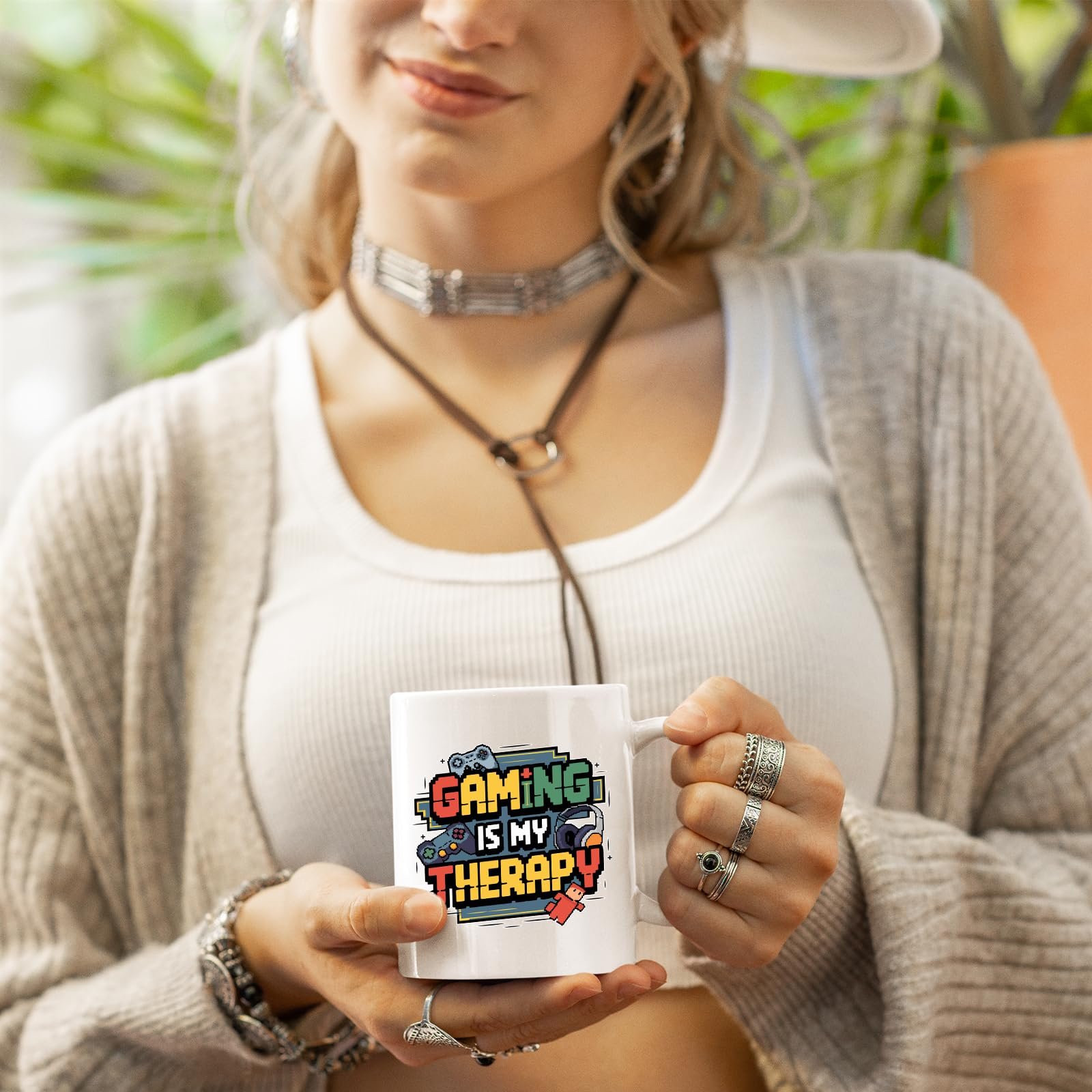 d4b4bb97.jpg Woman holding the Gaming Is My Therapy mug