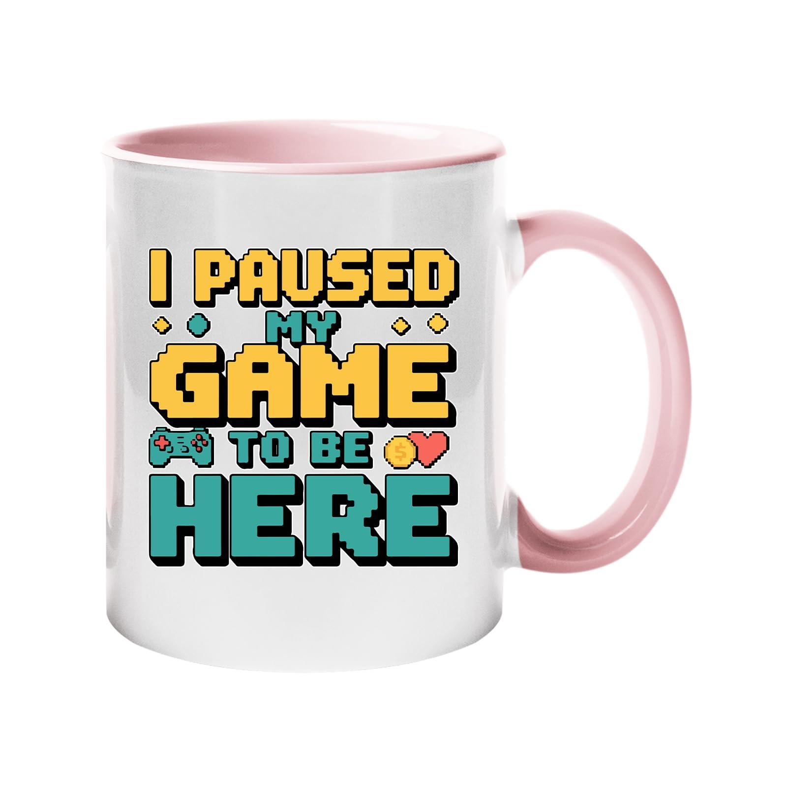 dca3c894 bf1c79db 5524 4043 9476 f68e10f8a286.jpg Colour handle mug with retro “I Paused My Game to Be Here” lettering – light pink handle and inside