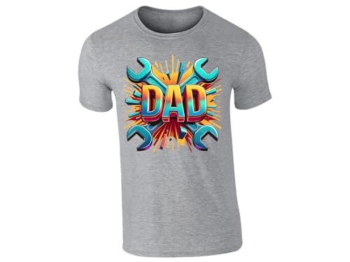 dcf6f8f2 3c77c7f4 ec16 45e9 a29a c125f73ef492.jpg Heather grey men's T-shirt with bold “DAD” lettering with crossed spanners and a colourful burst