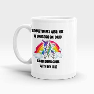 White mug with a rainbow unicorn and a sarcastic quote