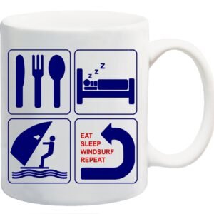 White mug with navy icons of cutlery, a bed, a windsurfer and a repeat arrow – Eat Sleep Windsurf Repeat