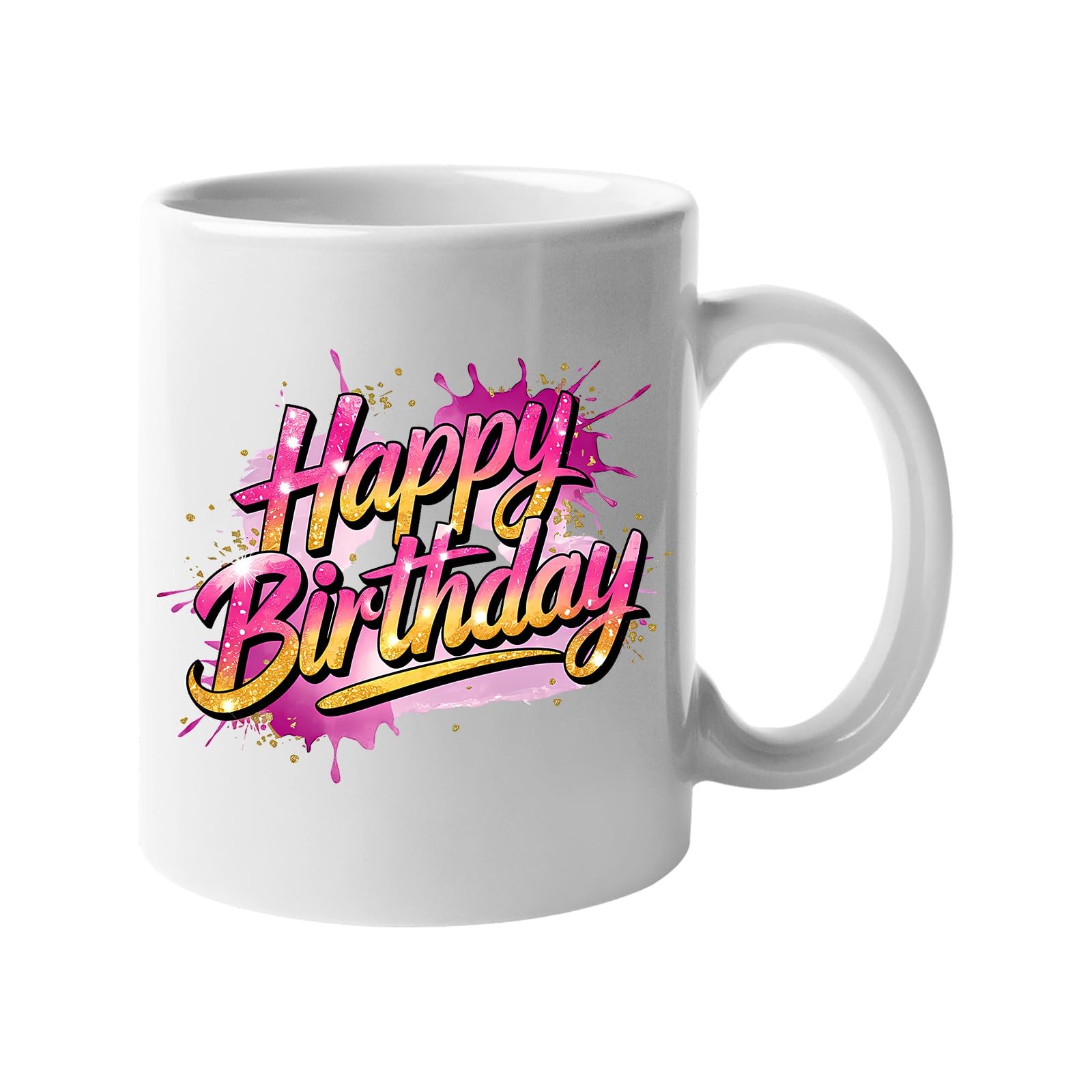 f040edea.jpg White 11oz mug with pink and purple script “Happy Birthday” lettering