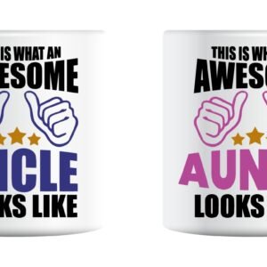 Awesome Uncle and Awesome Auntie mugs side by side