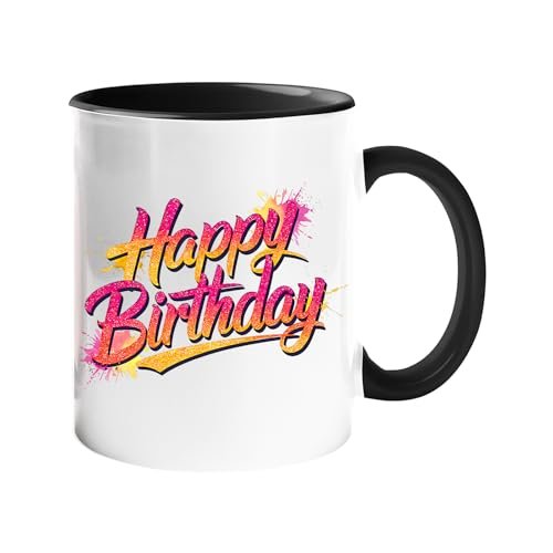 fd8dee61 c847ca8c ac96 4d35 9aef 913ffa12abf0.jpg Colour handle mug with pink and yellow script “Happy Birthday” lettering – black handle and inside