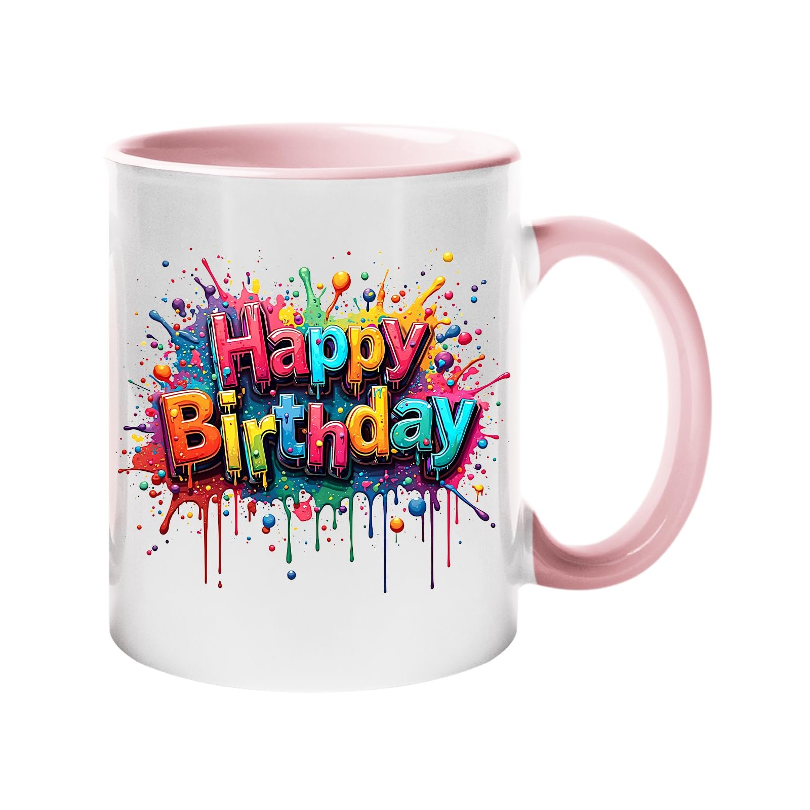 fecc1cbf 28433294 ce53 418f 9864 1ce9fb9154d9.jpg Colour handle mug with rainbow splash-script “Happy Birthday” lettering – light pink handle and inside