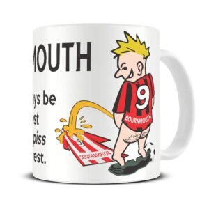 Wee On The Rival's Shirt mug – cartoon fan in a red and black striped No. 9 shirt weeing on a red and white striped rival shirt
