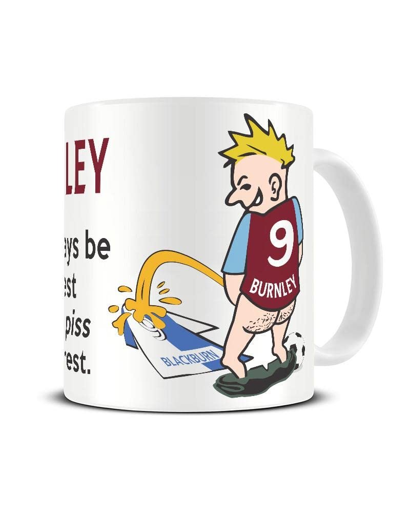 funny football mug burnley vs blackburn rivalry gift.jpg Wee On The Rival's Shirt mug – cartoon fan in a claret and blue No. 9 shirt weeing on a blue and white rival shirt