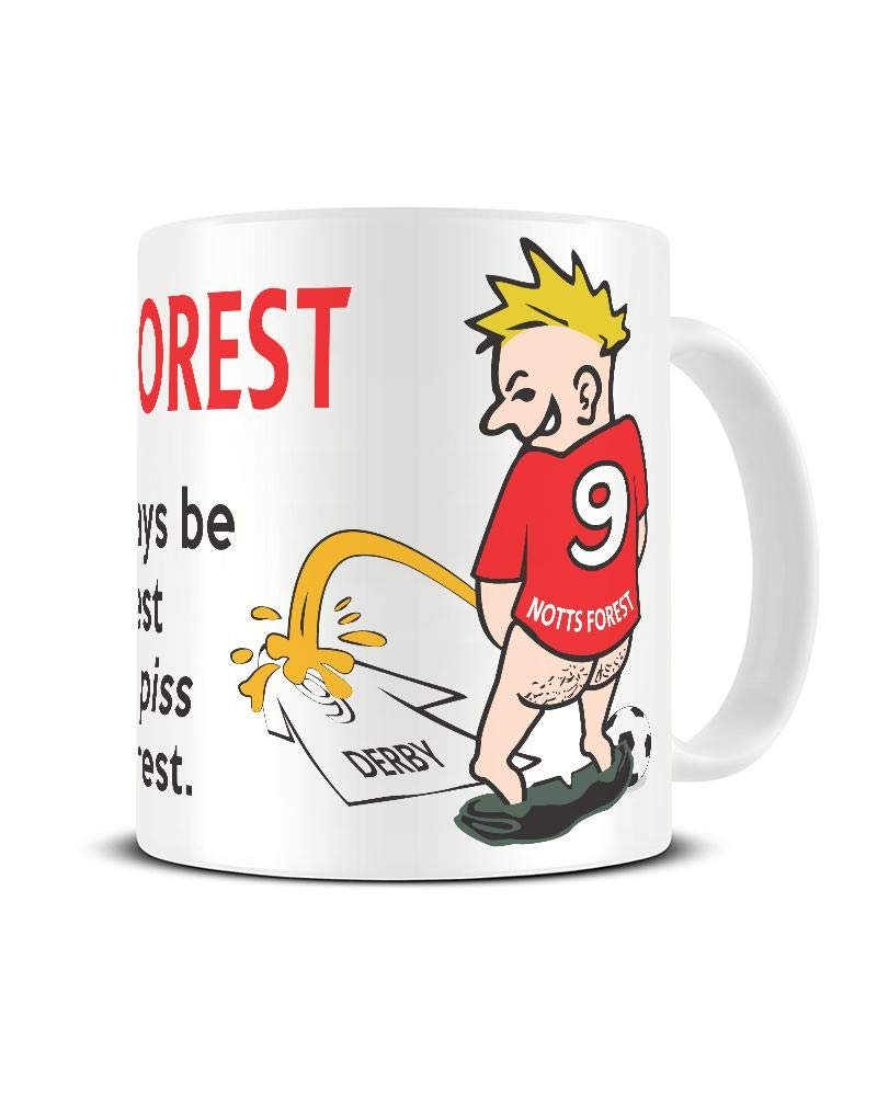 funny football mug forest vs derby rivalry gift.jpg Wee On The Rival's Shirt mug – cartoon fan in a red No. 9 shirt weeing on a white rival shirt