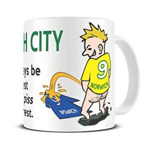 Wee On The Rival's Shirt mug – cartoon fan in a yellow and green No. 9 shirt weeing on a blue rival shirt