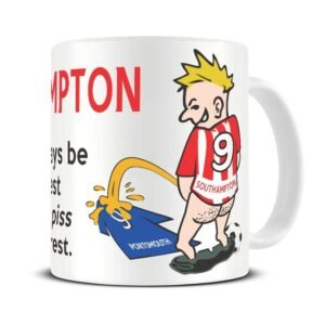 Wee On The Rival's Shirt mug – cartoon fan in a red and white striped No. 9 shirt weeing on a blue rival shirt