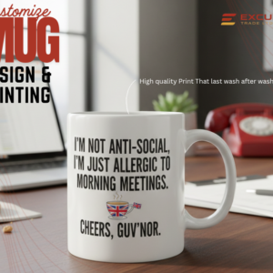 Allergic to Morning Meetings Mug on an office desk