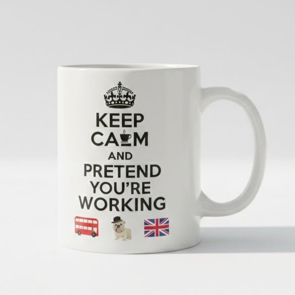 rn image picker lib temp 341984ce d3ce 4855 a88b 26941c8646f5.jpg White mug printed Keep Calm and Pretend You're Working with a crown and British icons
