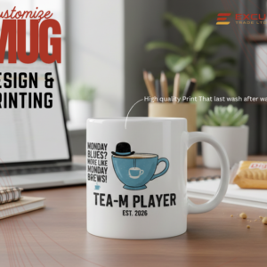 Monday Blues? More Like Monday Brews! Mug on an office desk