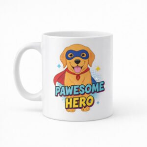 White mug printed “Pawsome Hero” with a puppy in a superhero mask and cape