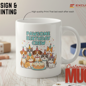 Pawsome Birthday Crew Mug on a table