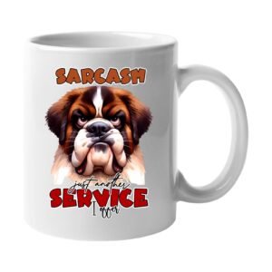 White mug with an unimpressed Saint Bernard and a sarcastic slogan