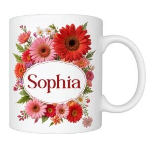 Personalised mug with a red gerbera wreath and an example name
